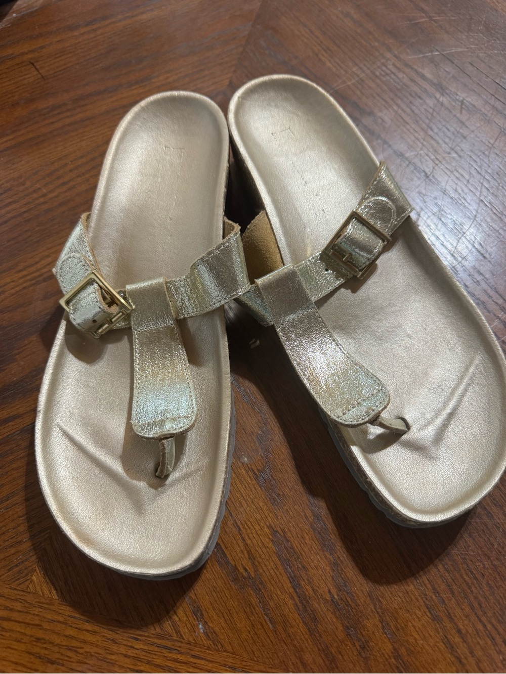 Metallic Gold Thong Sandals with Buckle Detail